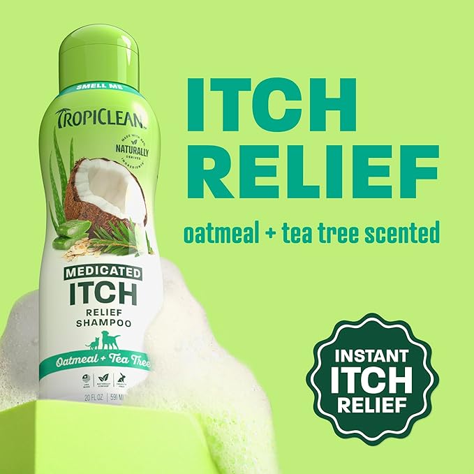 TropiClean Oatmeal Dog Shampoo for Itchy Skin Relief, Soothing Medicated Itch Relief, with Vitamin E, Puppy Safe, Made in USA, Cat Friendly, 20 oz.