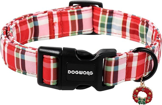 DOGWONG Christmas Dog Collar,Red Plaid Dog Collars, Adjustable Red Checkered Pet Collars Christmas Dog Collar for Small Medium Large Dogs