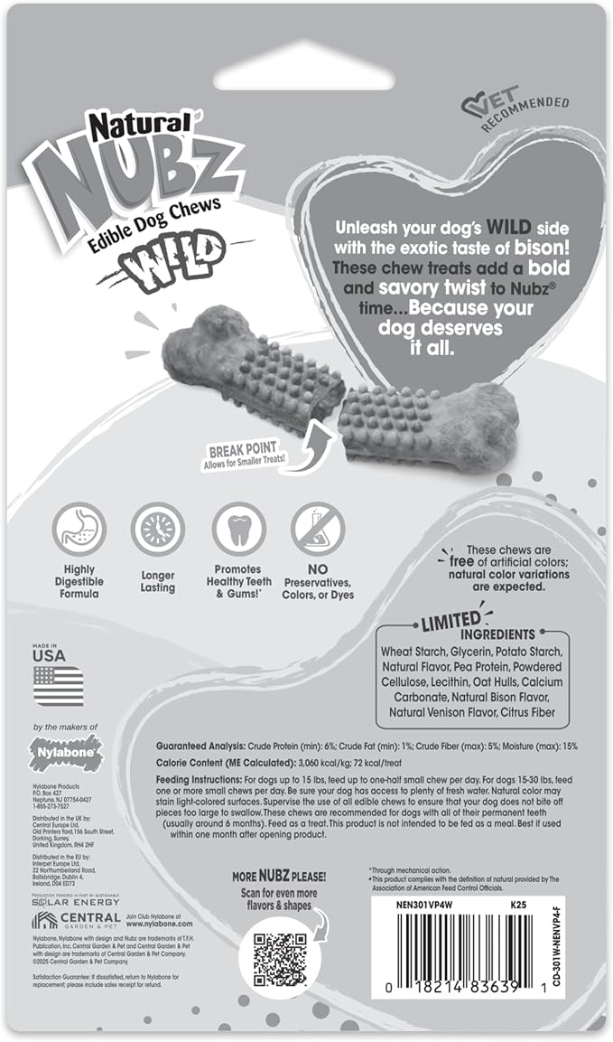 Nylabone Nubz Wild Natural Dog Chew Treats for Small Dogs, Long Lasting Dog Chew Bones Made in USA, Bison Flavor, Small Dog Bones for Dogs Up to 25 lbs. (4 Count)