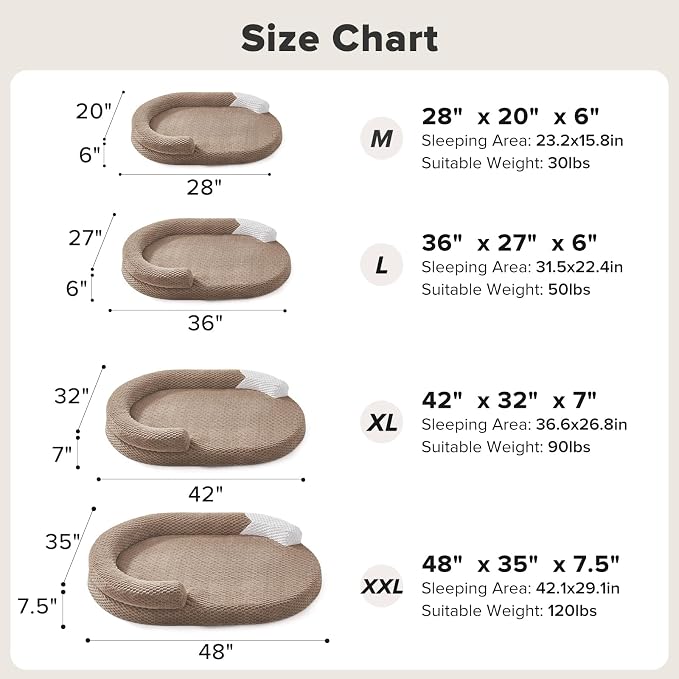 JOEJOY Orthopedic Dog Bed Medium Size Dogs, Waterproof Washable Oval Dog Beds with Removable Cover, Egg-Crate Memory Foam Pet Bed with Bolster Sides & Non-Skid Bottom, Brown, 28''x20''