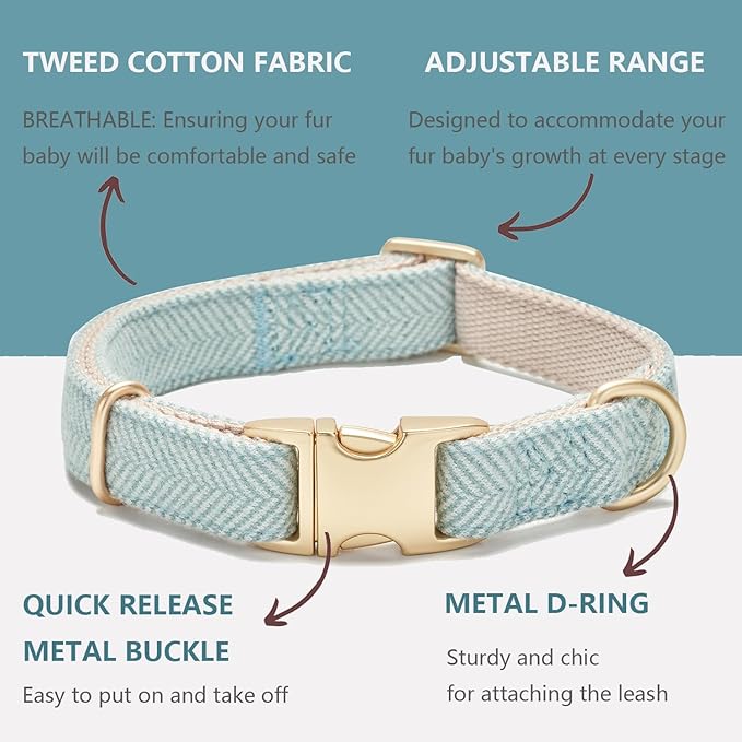 Soft Dog Collar and Leash Set Adjustable Woven Twilled Dog Collars with Metal Buckle and Lead for Small Medium Large Dogs,Blue