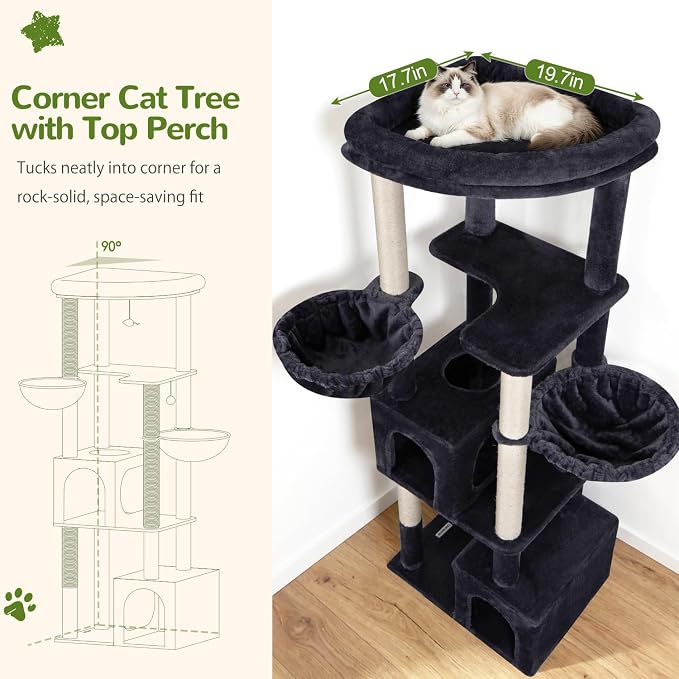 Globlazer 64in Corner Cat Tree for Large Indoor Cats, Space Saving Multi-Level Cat Tower with 2 Condos, 2 Hammocks, 4 Sisal Scratching Posts, C64, Dark Grey