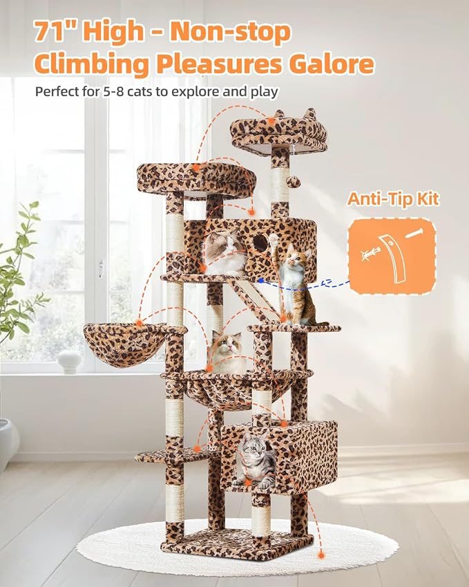 Taoqimiao Cat Tree 71-Inch, Cat Tower for Indoor Cats Large Adult, Multi-Level Large Cat Condo, 8 Sisal Scratching Posts, Metal Frame Cozy Hammock, Scratch Board, 2 Top Perches, Leopard Print MS026LBW