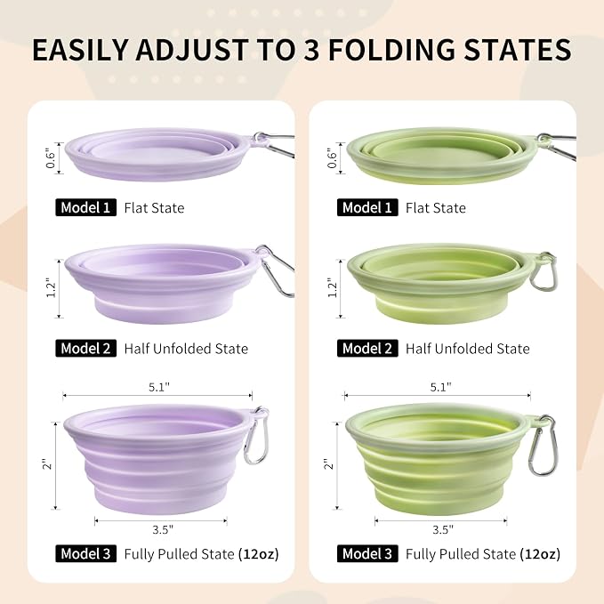 Collapsible Dog Bowls 2-Pack, Portable Travel Dog Bowl with Carabiner, Food-Grade Silicone Pet Bowl for Hiking, Walking(Macaron Violet and Green)