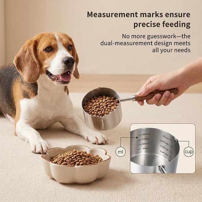 Dog Cat Food Scoop 1 Cup, 304 Stainless Steel Dog Food Measuring Cup with Inner Precision for Pets & Kitchen Use