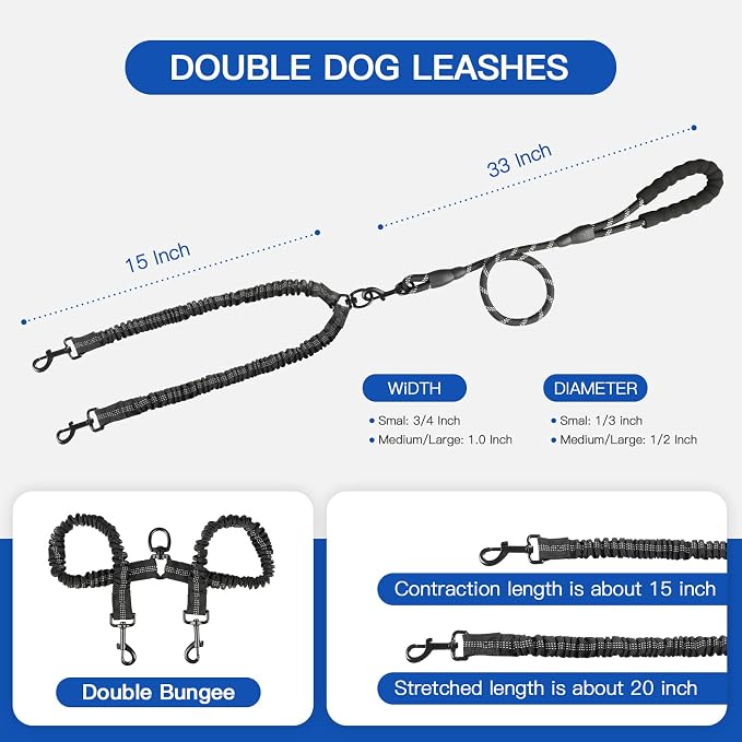 MingXpets Double Dog Leash, Dual Dog Leash, 360° Swivel Tangle Free Bungee Walking Training for Large Medium Dogs, Shock Absorbing Bungee Reflective for Two Dogs, 18~120 lbs, Black