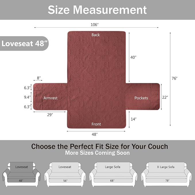 Red Loveseat Covers for 2 Cushion Couch, Water-Repellent Covers for Love Seat Sofa, Machine Washable Quilted Couch Covers, Pet Friendly Sofa Slipcovers (Loveseat 48", Red)