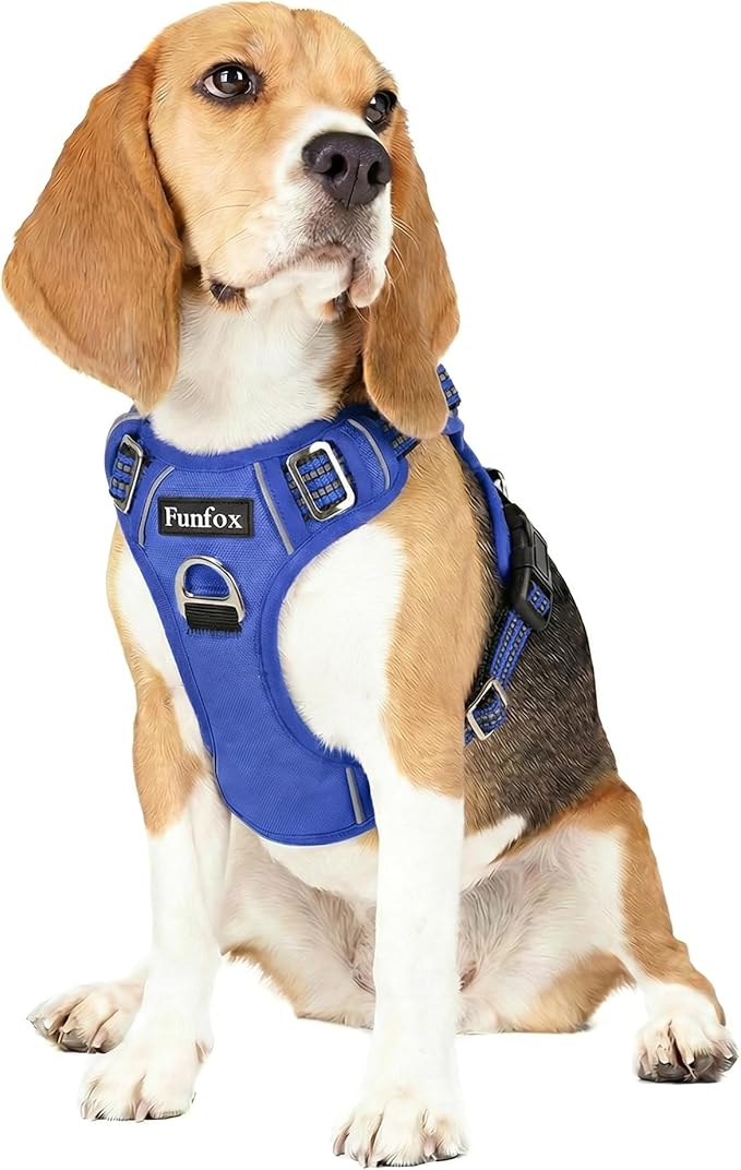 Funfox Dog Harness No Pull, Adjustable Pet Vest Harness, Super Soft Material with Vertical Handle Easy Control, Reflective Night Walking, 2 Leash Clips for Medium Sized Dogs, Blue, M
