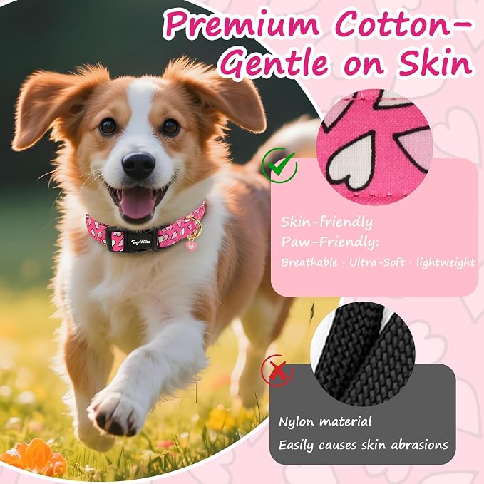 Valentines Dog Collar with Pink White Heart Pattern, Adjustable Puppy Collar with Safety Buckle & Heart Charm, Spring Summer for Girl Boy Dogs-XS
