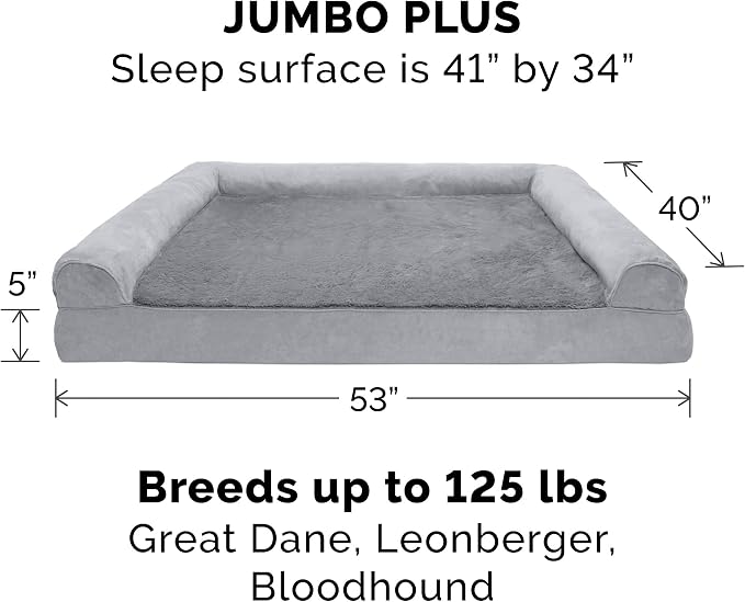 Furhaven Memory Foam Dog Bed for Large Dogs w/ Removable Bolsters & Washable Cover, For Dogs Up to 125 lbs - Plush & Suede Sofa - Gray, Jumbo Plus/XXL