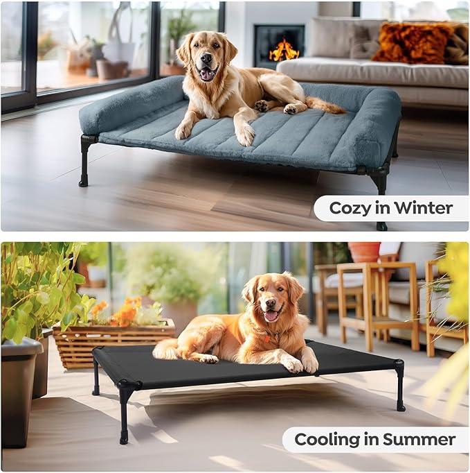 Veehoo Orthopedic Elevated Dog Bed with Fluffy Plush Bolster Cushion, Indoor Raised Dog Beds for Large Dogs, Soft Pet Sofa Cot with Removable Washable Mat, No-Slip Feet, 42 x 30 inches, Haze Blue