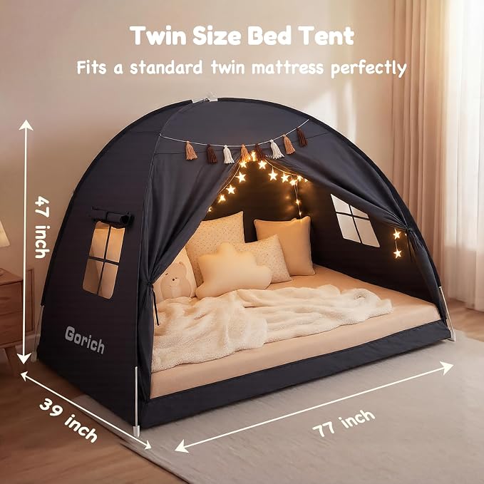 Gorich Twin Bed Tent for Kids, Indoor Privacy Toddler Sleeping Canopy with Mesh Window, Fits Bunk or Floor Bed, Include Star Lights & Tassels, Cozy Playhouse for Boys Girls Birthday