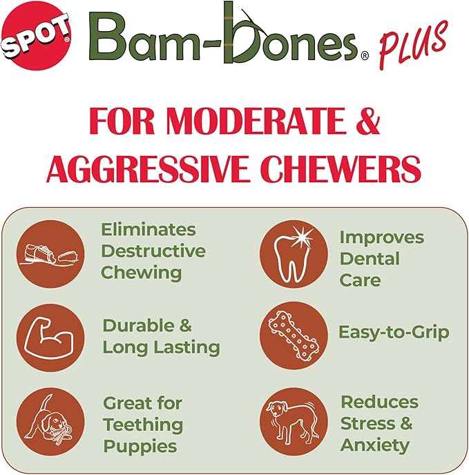 SPOT Bam-Bones Plus Bamboo Stick - Bamboo Fiber & Nylon, Durable Long Lasting Dog Chew for Aggressive Chewers – Great Toy for Adult Dogs & Puppies Under 90lbs, Non-Splintering, 9.5in, Chicken Flavor
