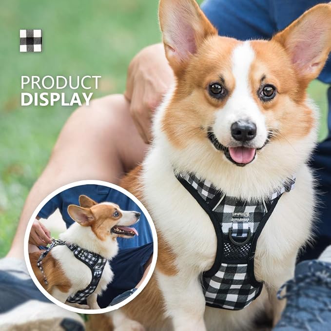PoyPet No Pull Dog Harness, [Neck Release] Reflective Adjustable No Choke Pet Vest with Front & Back 2 Leash Attachments, Soft Control Training Handle for Small Dogs(Grid,L)