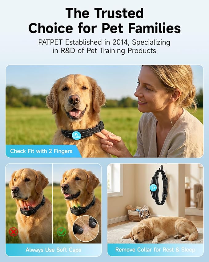 PATPET Shock Collar for Large Dog - Rechargeable Dog Training Collar with Remote for Medium Large Dogs 1000Ft Remote Range 3 Training Modes IPX7 Waterproof Blue,For 1 dog