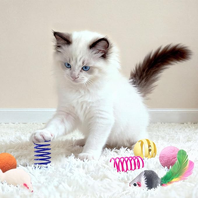 Cat Toys for Indoor Cats, 35 Packs Interactive Cat Toys Set with Colorful Springs, Mouse Cat Toy, Crinkle, Sisal, Pompom and Color Bell Balls for Kitten Toys