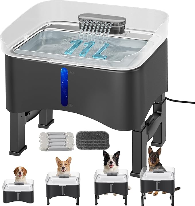 UPSKY 11L Elevated No-Spill Dog Water Fountain, 4 Heights Adjustable, 304 Stainless Steel Tray with Anti-Clog Pump & 4 Filters for Senior Dogs, All Dog Sizes & Multi-Pet Home (Grey)