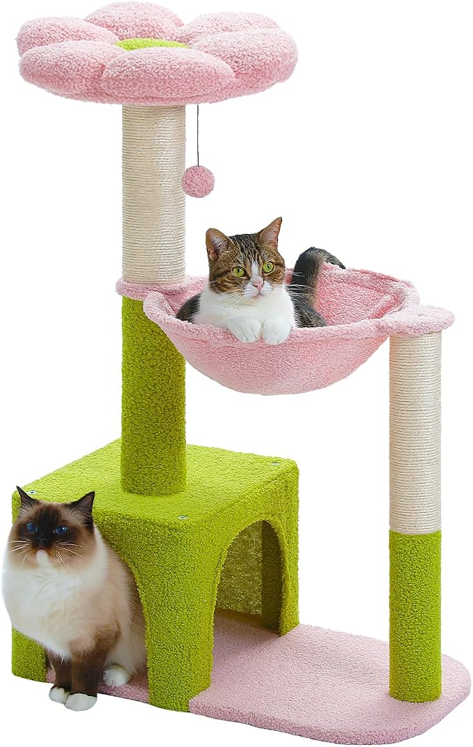 MUTTROS Flower Cat Tree with Large Metal Frame Hammock, 35" Cute Cat Tower with Sisal Scratching Posts for Small Indoor Cats, Cat Condo with Pink Top Perch for Kittens, Pink