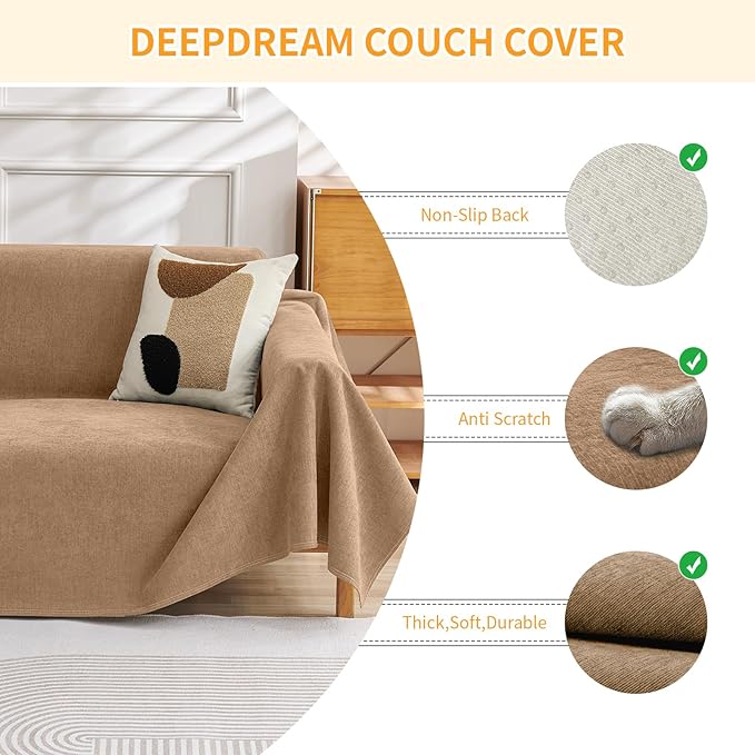 Deep Dream Cat-Scratch Resistant Armchair Couch Cover, Waterproof Sofa Cover for Dogs, Pet Friendly Couch Protectors Anti Slip Thickened Slipcovers for Dogs Pets, 71" x 91", Brown