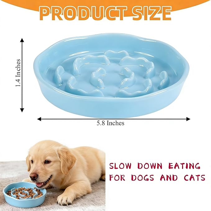 Pet Feeding Bowls, Ceramic Slow Feeder Dog Bowl - Heavy Weighted Blue Bloom Food Dish for Small to Medium Dogs - Non-Slip, Microwave & Dishwasher Safe Pottery Maze to Fast Eating