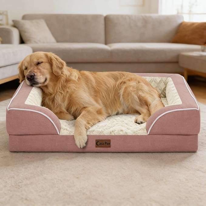 Orthopedic Dog Beds for Large Sized Dogs 35x22 Inch, Medium Waterproof Egg Crate Foam Dog Sofa Bed with Removable Washable Cover Pet Couch with Bolster Side & Non-Slip Bottom, Pink