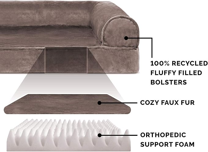 Furhaven Orthopedic Dog Bed for Medium/Small Dogs w/ Removable Bolsters & Washable Cover, For Dogs Up to 35 lbs - Faux Fur & Velvet Sofa - Driftwood Brown, Medium