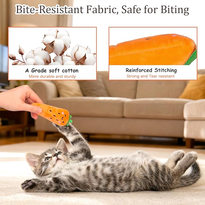 ETEKYER Catnip Cat Toys, 5 Pack, Plush Catnip Toys for Indoor Cats Kitten, Interactive Cat Nip Kitty Kicker Chew Safe Teeth Cleaning Toys, Fun Carrot Vegetable Shape