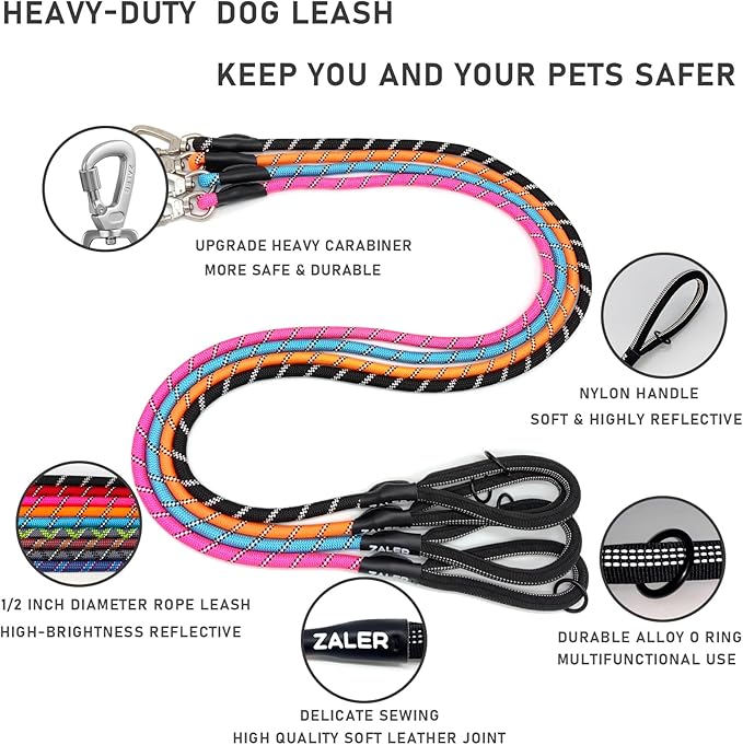 ZALER Rope Dog Leash, 4/5/6/10/15/20/30/50 Foot Reflective Dog Leashes with Carabiner, Heavy Duty Pet Lead for Large and Medium Dogs (4FT, Pink)