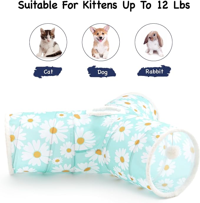 Tempcore Cat Tunnel for Indoor Cats, 3 Way Collapsible Pet Play Tunnel with Teaser Wand, Peek Holes & Hanging Ball, Interactive Tube for Kittens & Rabbits, Daisy Blue Printed
