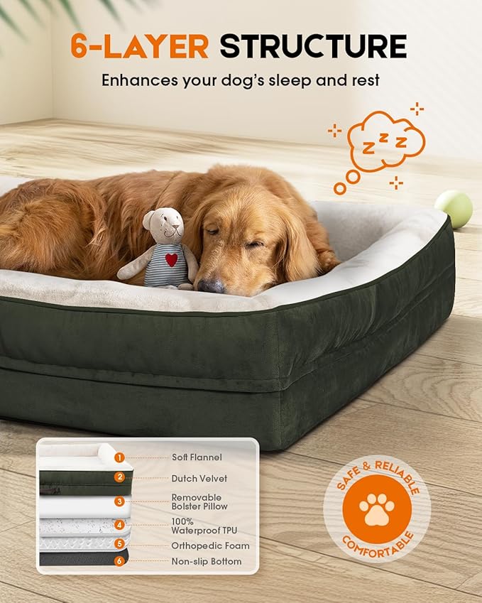 Upvilla Orthopedic Dog Bed XL, Four-Sided Cushioned Egg-Shaped Foam Dog Sofa, Waterproof Removable Cover, Pet Sofa Bed with Non-Slip Base, Extra Large Dog Bed,Green