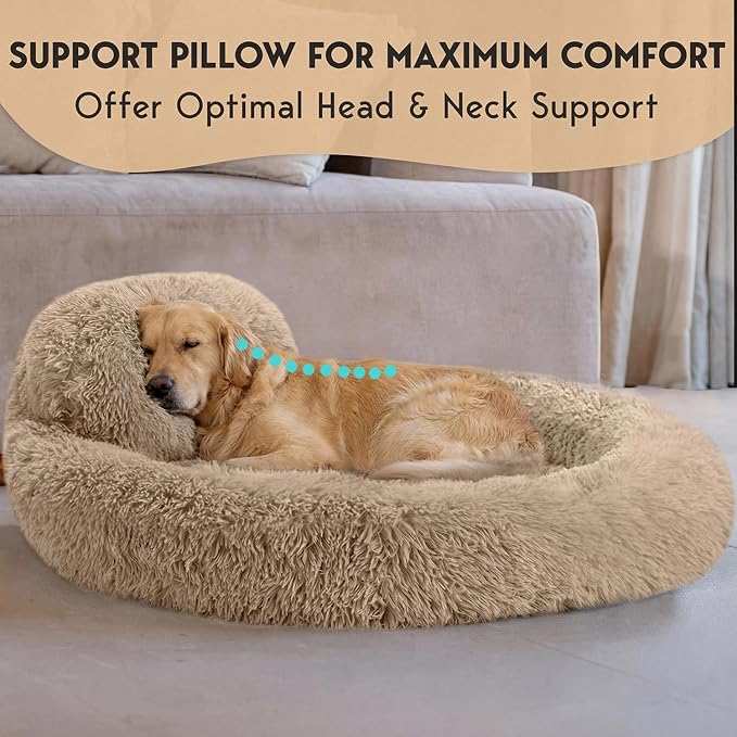 PetJett XL Dog Bed for Large Sized Dog - 45'' Extra Large Dog Bed, Washable Dog Bed - Anti-Slip Super Soft Round Donut Bed, Fluffy Faux Fur Anti-Anxiety Premium Comfort Pet Bed, Fits Dogs upto 120 lbs