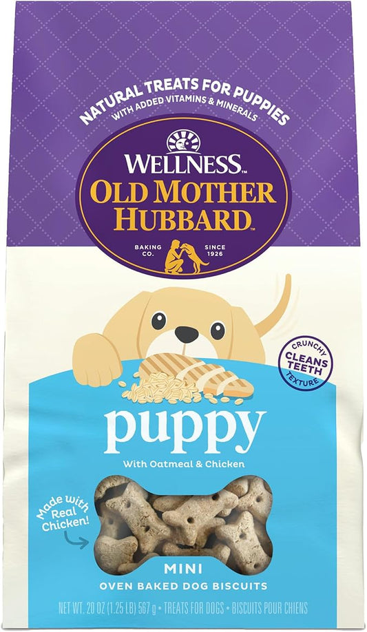 Wellness Old Mother Hubbard Classic Puppy Dog Biscuits, Natural Training Treats, Oatmeal and Chicken Flavor, Mini Size, 20 oz Bag