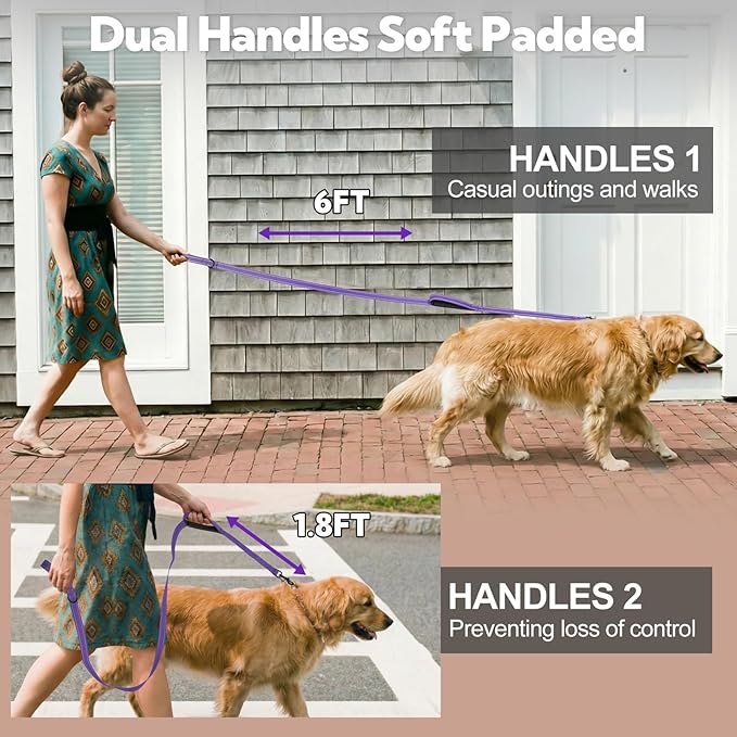 2-Handle Dog Leash Heavy Duty Traffic Control & Night Safety Reflective Lead for Small Mid Large Dogs, Comfort Padded Grip Dog Leashes for Walking and Training(6 FT x 1" Wide Purple+Black)