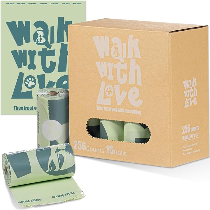 Poop Bags for Dogs, Leak Proof and Landfill Friendly Waste Bags for Dog Walking and Cats Litter, Fits Leash Dispenser, Unscented, 256 Bags（16 Rolls × 16 Bags), Green