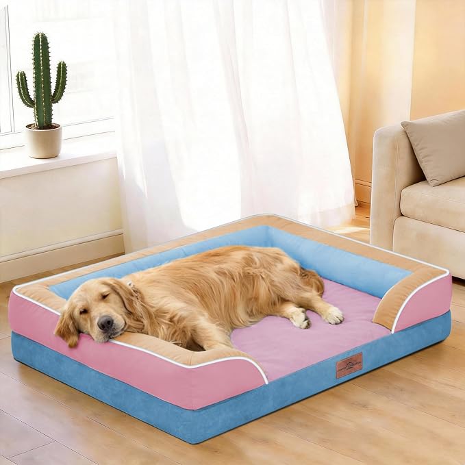 Comfort Expression Orthopedic Dog Bed for Large Dogs 36x27 Inch, Waterproof Egg Crate Foam Large Pet Bed with Bolsters, Dog Couch with Washable Cover & Non-Slip Bottom, Bubblegum Cove