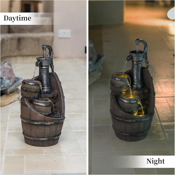 Solarbloom 21.7" H Garden Fountains, Farmhouse Outdoor Water Fountain with LED Lights, Rustic Pump and Barrel, for Patio Garden Backyard Deck Decor