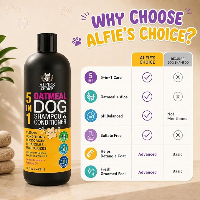 Oatmeal Dog Shampoo and Conditioner for Itchy Skin Relief | Puppy Shampoo for Sensitive Skin 5-in-1 | Cleans, Deodorizes & Detangles | Dog Wash for All Breeds | 16 fl oz | ALFIE'S CHOICE