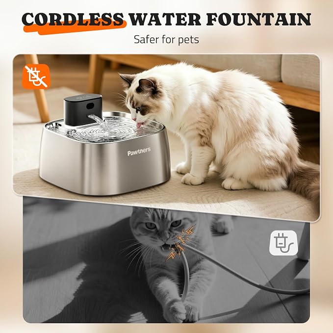 Pumpless Cat Water Fountain Stainless Steel, Automatic Cordless Cats and Dogs Water Dispenser 108oz/3.2L, Pawtners Pet Fountain with Smart Indicator &150° Motion Sensor