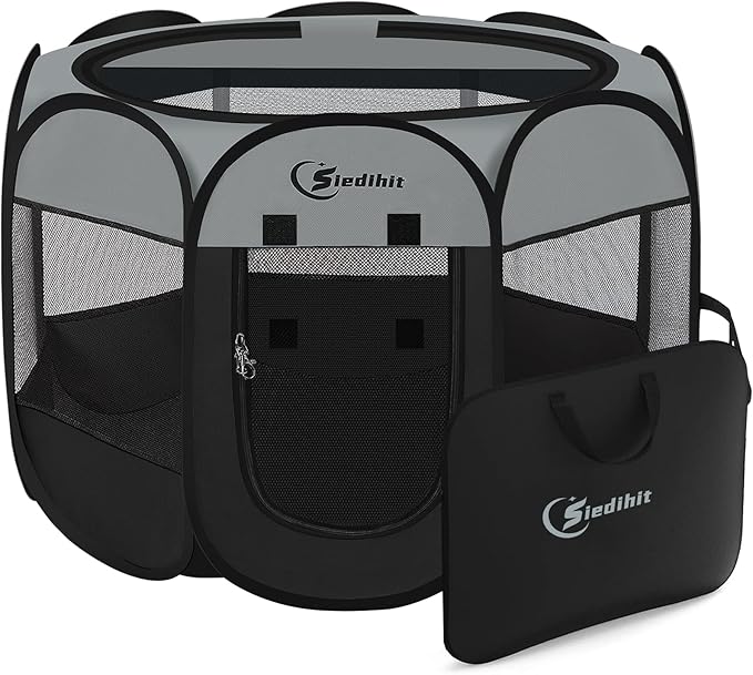 Siedihit Dark Grey Dog Cat Playpen, Puppy Pet Playpen, Small Dogs Tent Crates Cage Indoor/Outdoor, Portable Pop Up Dog Kennel Playpen with Carrying Case for Dogs/Cats/Rabbits