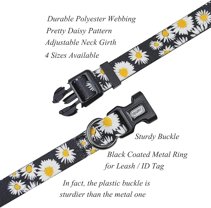 Dog Collar and Leash Set, Cute Daisy Pattern, Polyester Material, 5ft Leash, for Medium Dogs.(Medium,Black Daisy)