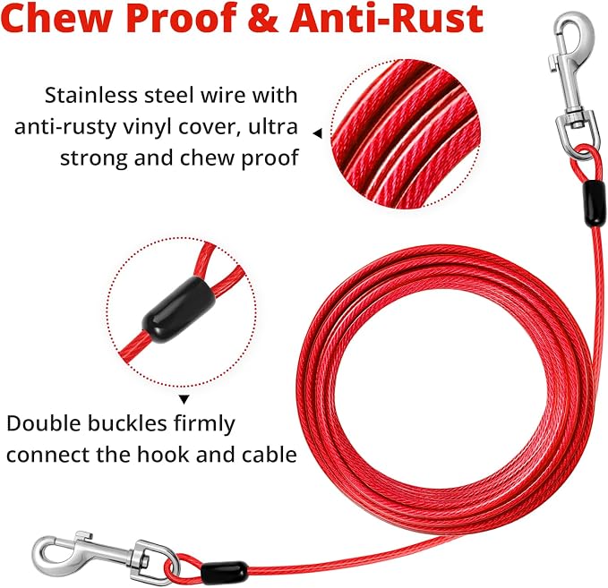 jenico Dog Tie Out Cable: 20ft Dog Leads for Yard Heavy Duty - Reflective Chain Leash for Outside Small Large Dogs Up to 125lbs Outdoor Runner Camping