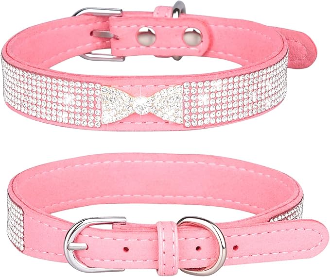 Rhinestone Dog Collar, Cute Dazzling Sparkling Soft Suede Leather Dog Cat Rhinestone Collar Crystal Diamond Pet Dog Puppy Collar (S, Pink-2)