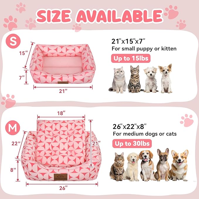 Zerbuger Rectangle Cat Dog Bed for Large Medium Small Pets Indoor Outdoor Machine Washable Sleeping Sofa Non-Slip Bottom Soft Puppy Bed Durable Orthopedic Calming Pet Cuddler (Medium, Pink Pattern)