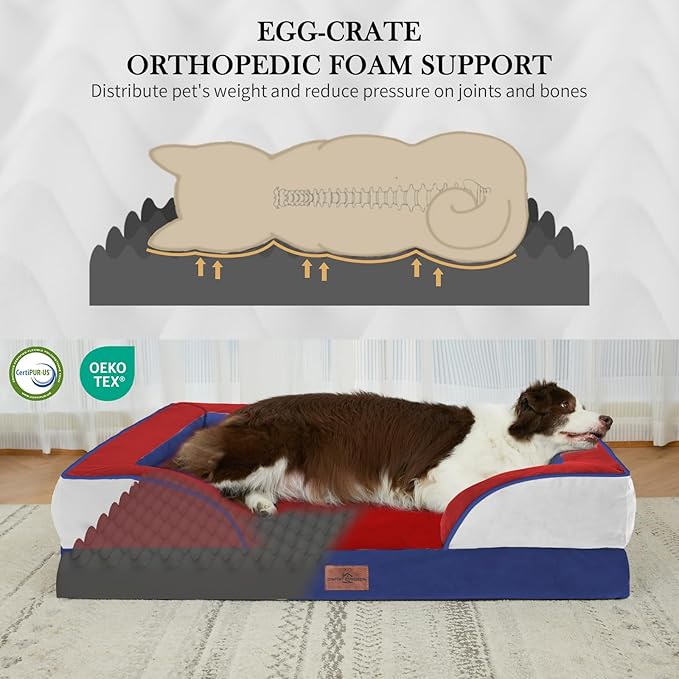Comfort Expression Orthopedic Dog Bed for Extra Large Dogs 42x30 Inch, Waterproof Egg Crate Foam XL Pet Bed with Bolsters, Dog Couch with Washable Cover & Non-Slip Bottom, American Flag 2