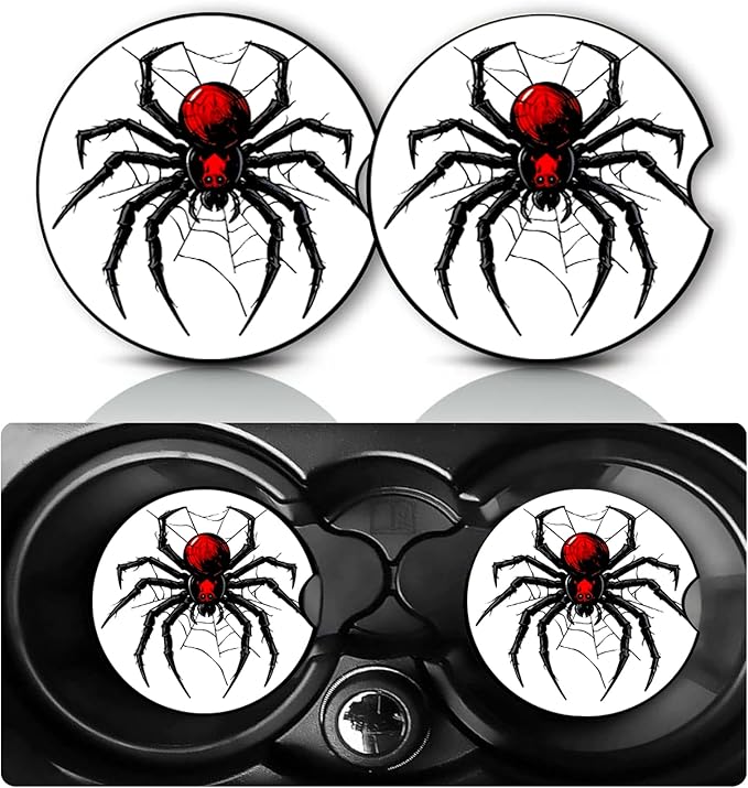 2Pack Spider Car Cup Holder Coaster,Spider Gifts for Women Men,Vehicle Interior Drink Mat Reusable Neoprene Car Coasters for Cup Holders Decor,Black Widow Automotive Interior Accessories