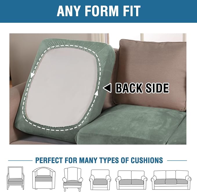 H.VERSAILTEX Velvet Stretch Couch Cushion Cover Plush Cushion Slipcover for Loveseat Cushion Furniture Protector Seat Cushion Sofa Cover (2 Piece Medium Sofa Cushion Covers, Sea Grass)
