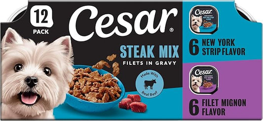 Cesar Filets in Gravy Adult Wet Dog Food Variety Pack, Filet Mignon and New York Strip Flavors, 3.5 oz. Easy Peel Dog Food Tray, 12 Count (Pack of 1)