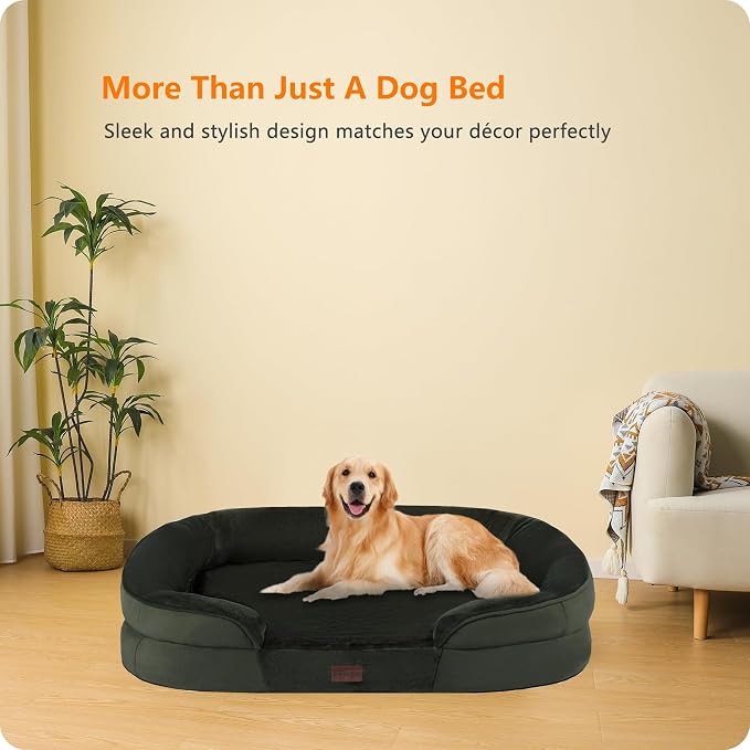 Dwanton Orthopedic Dog Bed for Large Dogs with Gel Memory Foam, Waterproof Dog Sofa, Washable Pet Bed with Four Sided Bolster Cushion, Removable Cover & Non-Slip Bottom, 42", Green