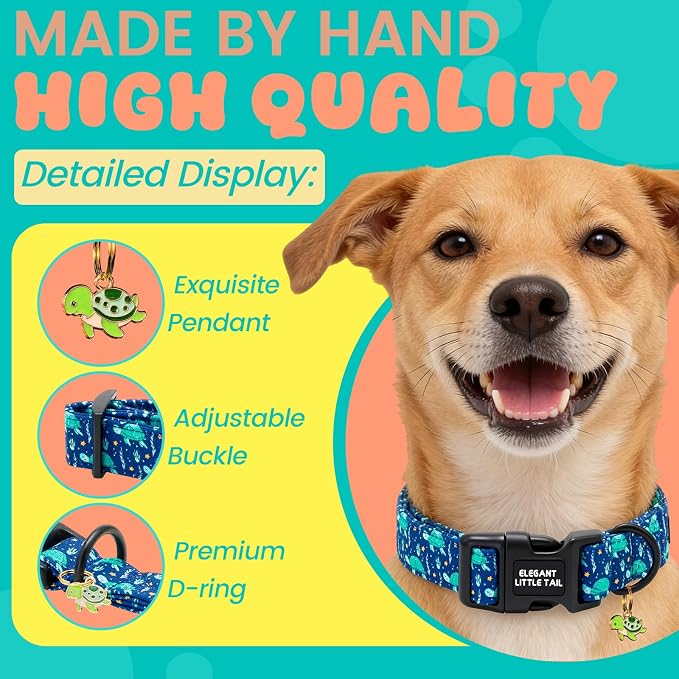 Elegant Little Tail Summer Dog Collar, Blue Turtle Pattern Soft Cotton Pet Collars with Sturdy Quick Release Buckle Male Adjustable Pet Collar for Small Medium Large Dogs