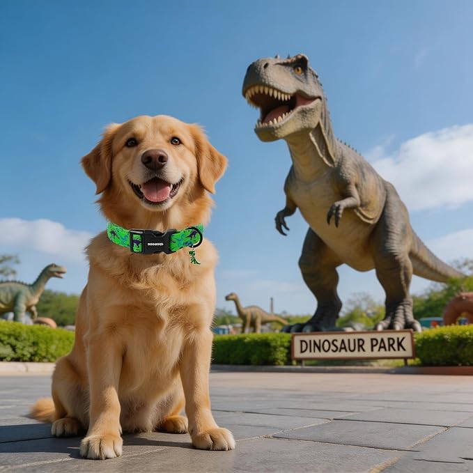 DOGWONG Dinosaur Dog Collar for Large Dogs, Adjustable Cute Boy Dog Collars, Green Summer Boy Dogs Collars for Large Dogs, Neck 42-66 inches
